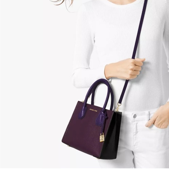 NWOT MICHAEL KORS MERCER Studio colorblock messenger Leather damson iris bagtote - Picture 2 of 11